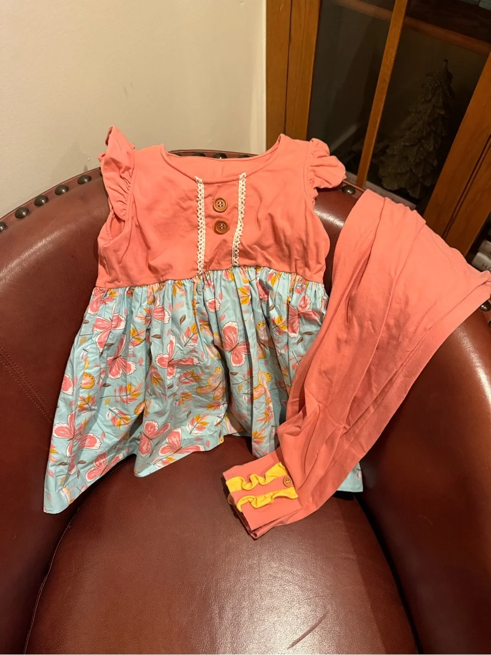 Eleanor Rose Coral Top with Aqua Butterfly Top & Coral Leggings
